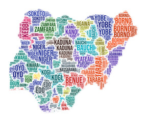 Obraz premium Nigeria region word cloud. Country shape design. Nigeria colored illustration. Region names collage cloud. Vector illustration.
