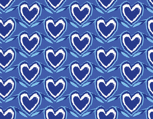 Blue Monochrome hearts seamless Pattern. Romantic ornament. Chalk drawn sketches hearts and Leaves repeat print. Continuous background of hand drawn hearts.