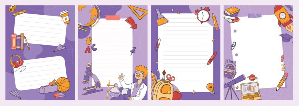 school note page collection, planner page. Back to school, education theme. Print, card, poster, organizer template. School doodles decor. EPS 10