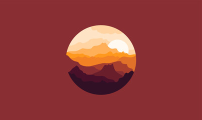 Landscape badge flat vector design illustration of mountains, calm river and silhouettes of pine trees, soft orange gradations layered