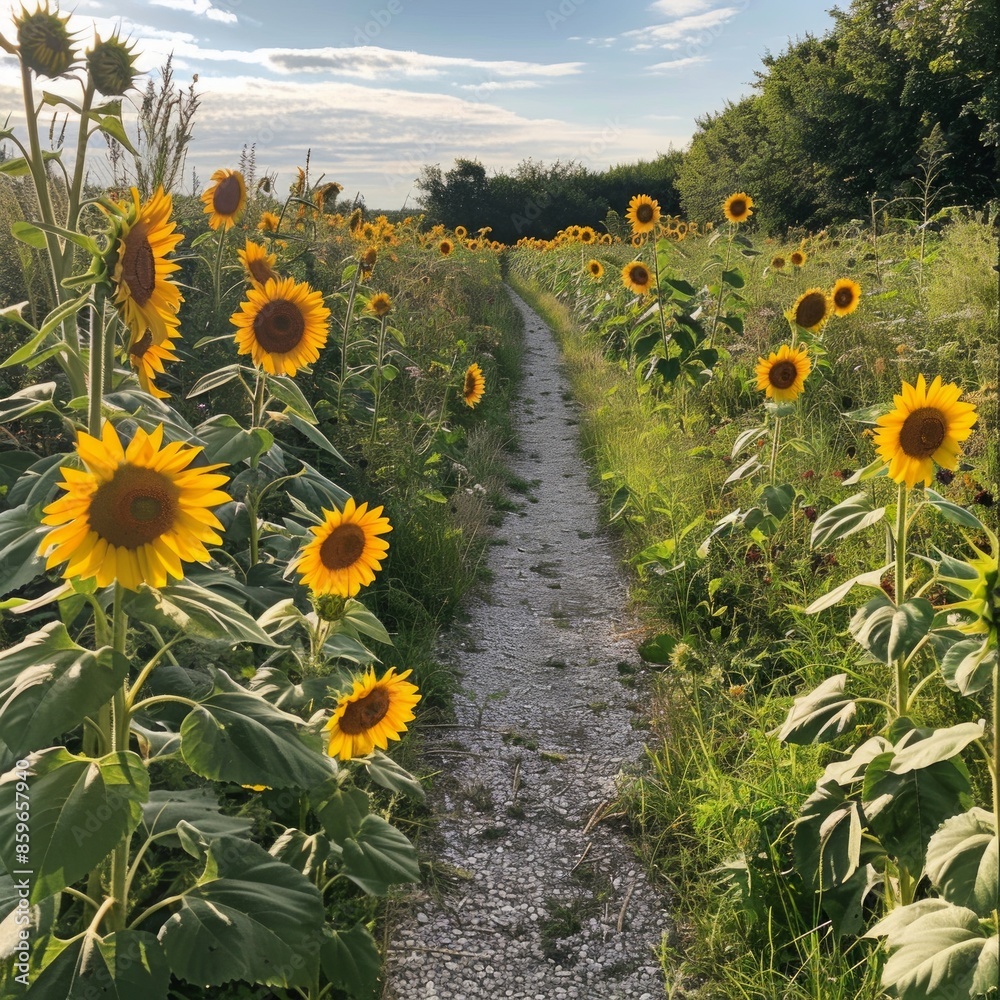 Poster A path through a field of sunflowers