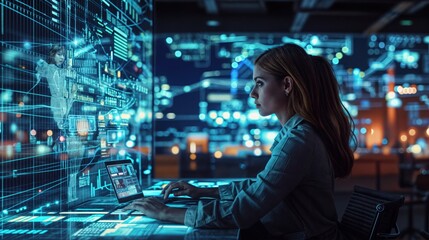 Businesswoman reviews data on laptop in office