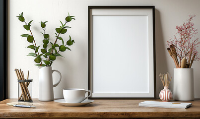 Frame on an empty light wall. Living room interior design with wooden console, desk and empty frame on the wall. frame mockup for poster, picture or design. Modern home decor.