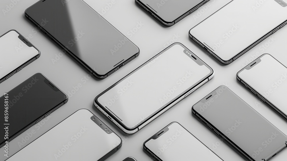 Poster Several modern smartphones arranged in different angles on a white surface. Generative AI