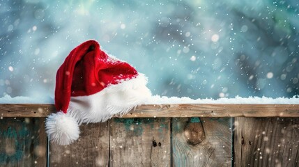 Santa hat on snowy background atop aged wooden sign