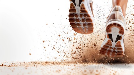 Close-up of runner's feet in motion, athletic shoes hitting the ground, isolated on white background, showcasing the dynamics and energy of running, detailed focus on footwear design and movement