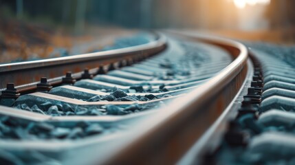 Obraz premium Close-up of train tracks merging at a railway junction, showing the precision and engineering of railway infrastructure, with a train approaching in the distance