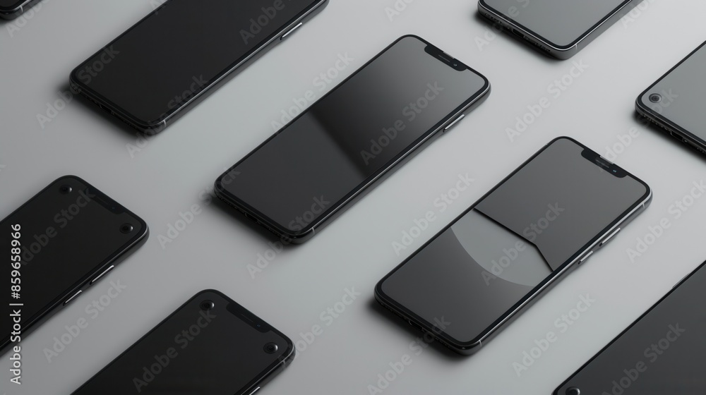 Poster a flat lay of several modern smartphones arranged in various angles on a grey background. the phones