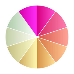 Obraz premium Pie chart with different segments in a circular diagram. wheel graph divided into parts and sections. Flat vector illustration isolated on white background.