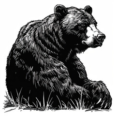 A black and white drawing of a bear sitting in the grass