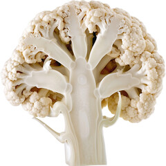 A close-up shot of a fresh, white cauliflower cut in half, revealing its intricate structure. The cauliflower is isolated against a white background, Cut-out PNG