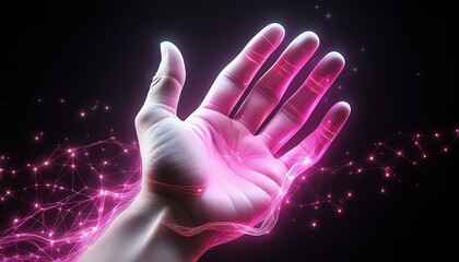 Obraz premium Pink glowing fantasy hand concept. Magical, ethereal haze of glowing neon light against a black background. Surreal glow of a palm.