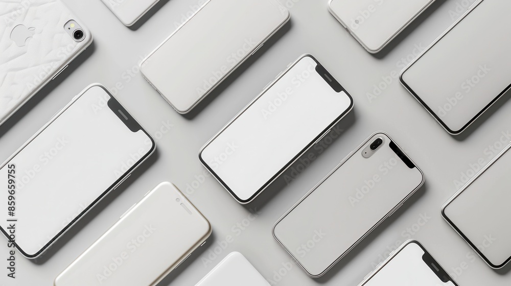 Poster A flat lay image of several modern smartphones arranged in different angles on a gray surface. Generative AI