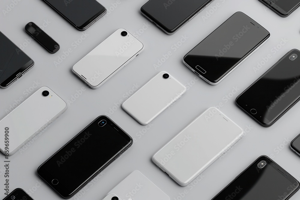 Poster A flat lay image featuring several modern smartphones arranged in different angles on a gray surface. Generative AI