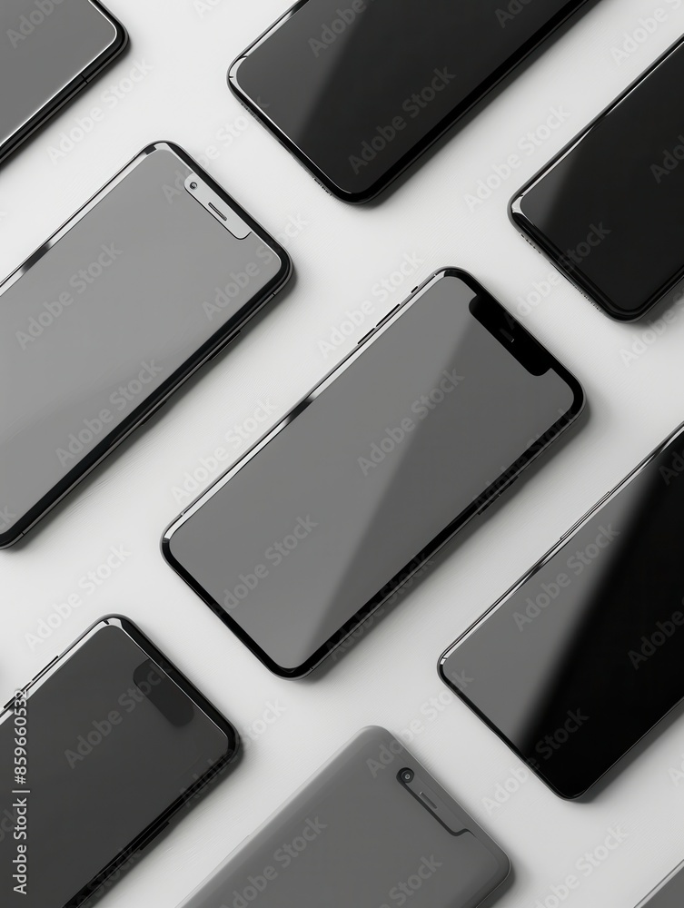 Poster a collection of modern smartphones arranged in different angles, showcasing their sleek design and c