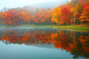 Obraz premium A serene autumn scene with a still lake reflecting the surrounding trees in their brilliant fall colors, and a misty morning atmosphere.