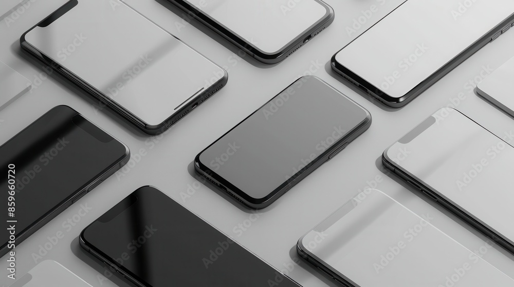 Fototapete Several modern smartphones are arranged at various angles on a white surface. The image is perfect for showcasing mobile technology and smartphone accessories. Generative AI