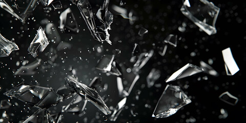 Dynamic glass texture featuring shattered pieces with bits and shards exploding in the air. Black backdrop contrasting with the fragments of broken glass pieces. Blur and bokeh motion effect.