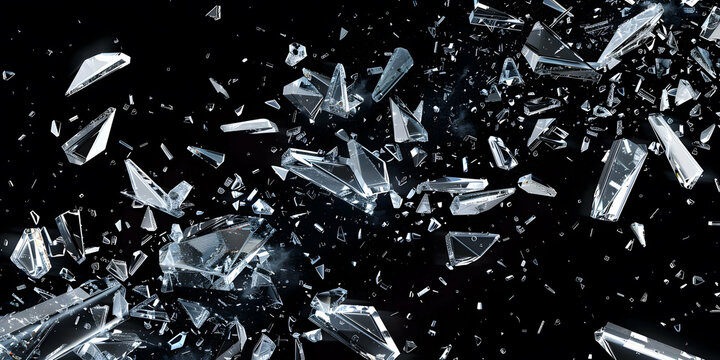 Dynamic glass texture featuring shattered pieces with bits and shards exploding in the air. Black backdrop contrasting with the fragments of broken glass pieces. Blur and bokeh motion effect.