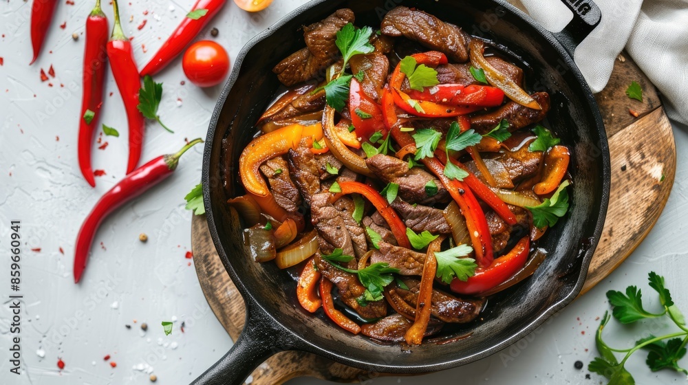 Wall mural beef fajita on a white surface with a skillet