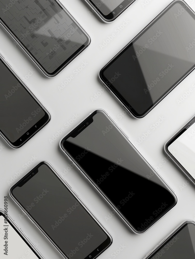 Poster a flat lay showcasing several modern smartphones arranged in different angles, perfect for mobile te