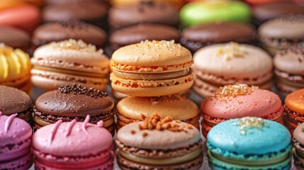 Fototapeta premium Fashionable almond cake macaron with gooey center and crunchy shell in modern French pastry Array of homemade multicolored treats