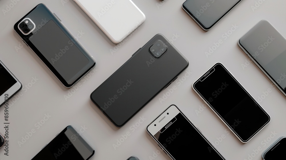 Poster A flat lay of modern smartphones, showing different angles and designs. Generative AI
