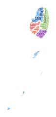 Saint Vincent and the Grenadines region word cloud. Country shape design. Saint Vincent and the Grenadines colored illustration. Region names collage cloud. Vector illustration.