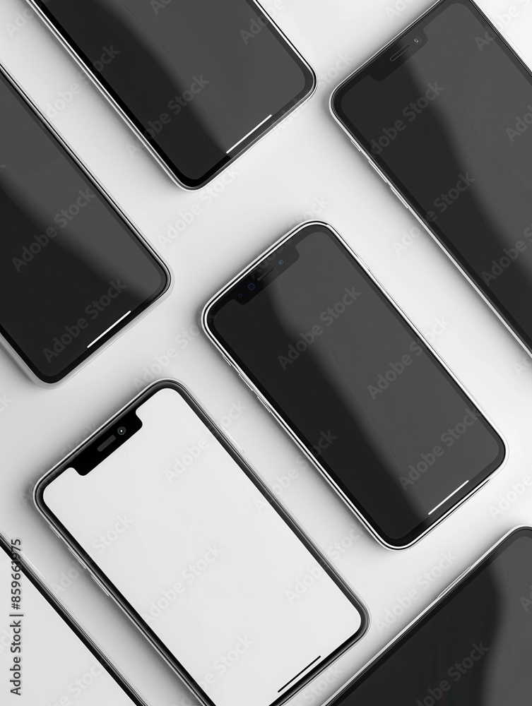 Aufkleber several modern smartphones arranged in different angles on a white surface, perfect for mobile techn
