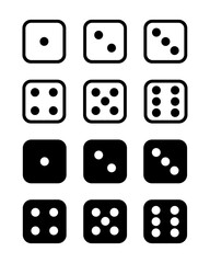 Cube dice game for casino betting odds. Six-sided cube-shaped dice. Choice, game, fun toy, seeking luck. Icon set with isolated white and black cube vector illustration