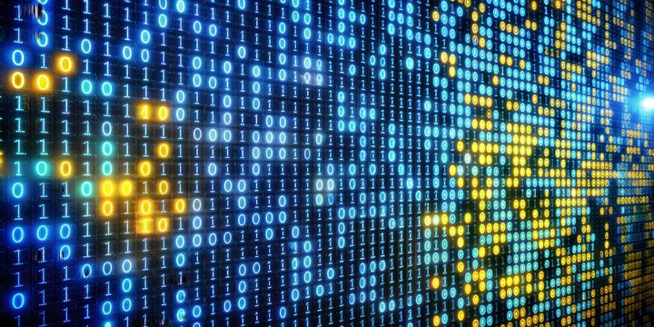 Binary Code. Computer Data. Blue And Yellow Numbers. Technology Background.