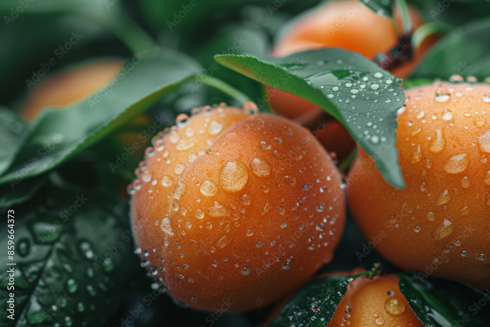 Wall mural Fresh Dew-Kissed Apricots on Tree