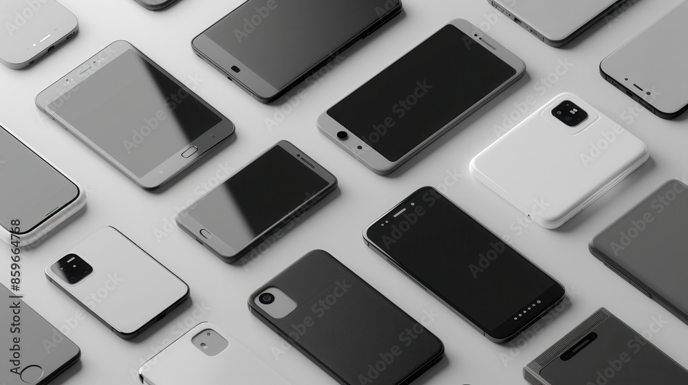 Fototapete flat lay image with modern smartphones on white surface. phones are in grid pattern at different ang