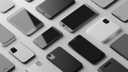 Flat lay image with modern smartphones on white surface. Phones are in grid pattern at different angles, great for showcasing mobile tech accessories. Generative AI