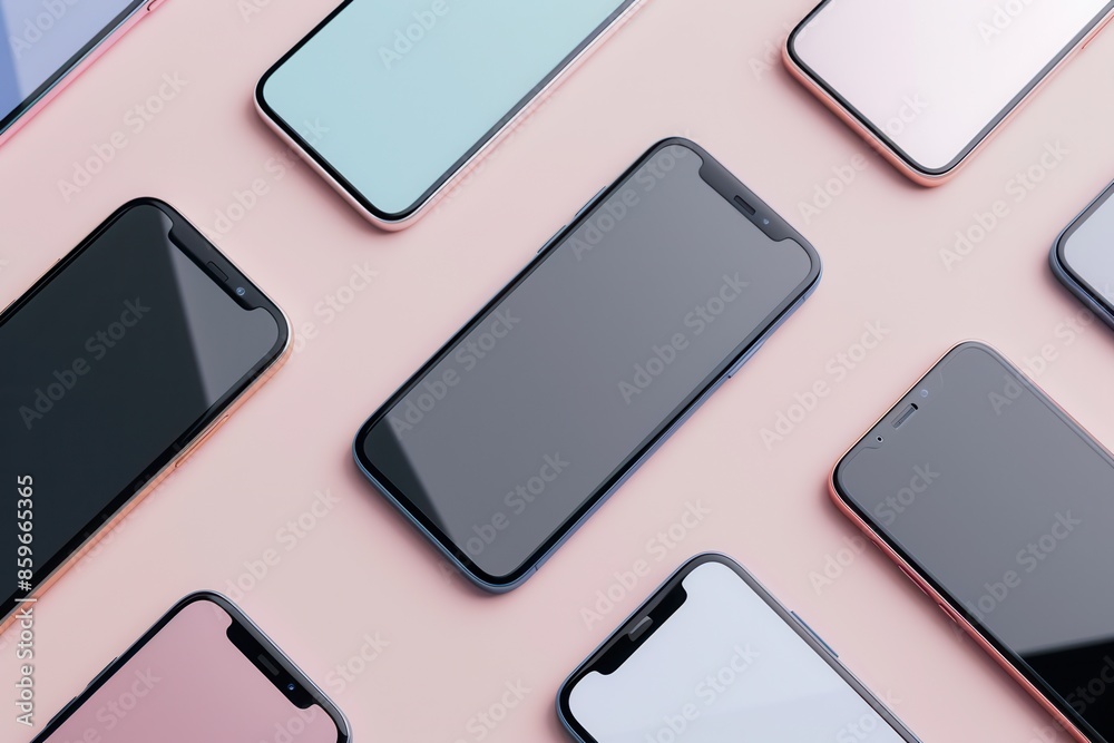 Poster a collection of modern smartphones arranged in various positions on a pink background. perfect for m
