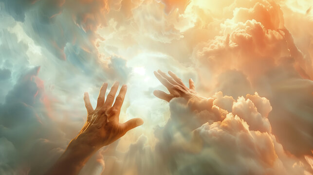 Man's hands stretched towards the sky, where the divine presence is visible in the clouds, symbolizing religious rapture and prayer.