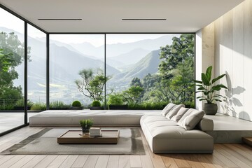 Fototapeta premium Modern Living Room with Panoramic Mountain View