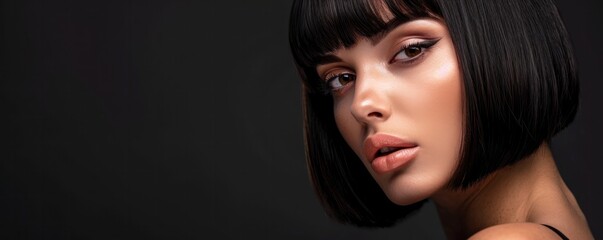 A striking portrait of a beautiful brunette girl with short black hair and bold red lipstick. Her piercing blue eyes and flawless makeup give her a glamorous and sophisticated appearance. 