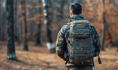 Military tactical backpack.Military backpack.Tactical hiking backpack on a military man. Place for text. Copy space. Military concept. No war.