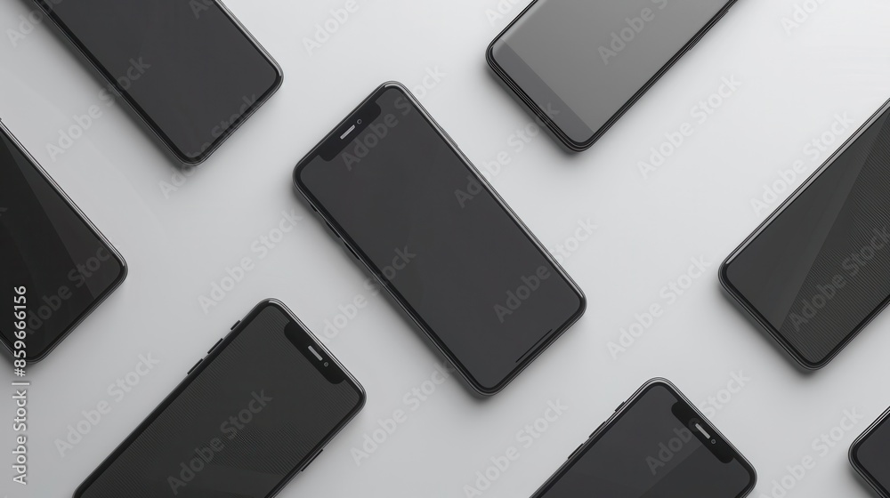 Poster Several smartphones are arranged at different angles on a white surface, ideal for showcasing mobile technology or smartphone accessories. Generative AI