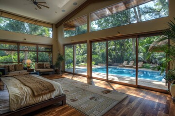 Fototapeta premium Luxurious Modern Bedroom Overlooking Private Pool