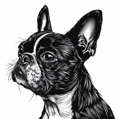 A black and white drawing of a Boston Terrier dog