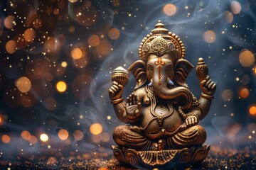 Fototapeta premium Brass Lord Ganesha Statue with Sparkling Bokeh Background