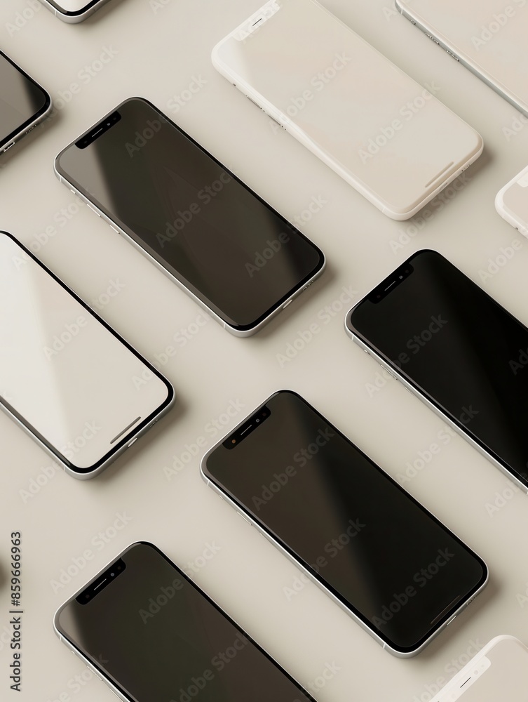 Fototapete A collection of modern smartphones are arranged in different angles on a white surface. Generative AI