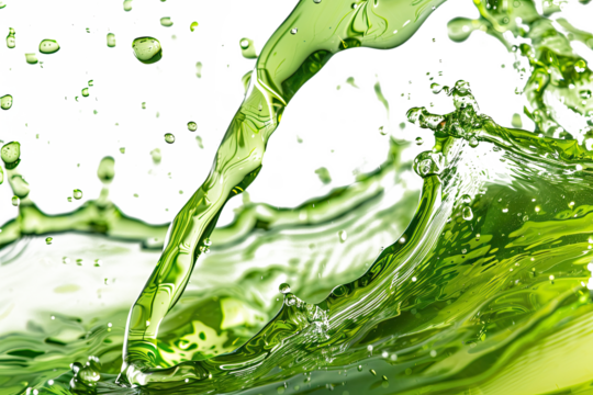green liquid water or tea oil. neon lime liquid flows and splashes on a transparent background