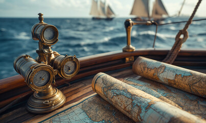 A compass and binoculars lie on a map on a ship overlooking the sea or ocean. Old vintage retro compass and binoculars on ancient world map. Travel geography concept background.
