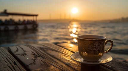 Sipping a steaming Turkish coffee as the sun sets over the azure waves of the beach. Concept picture of freedom, leisure, and a laid-back atmosphere. leisure on a gorgeous, bright summer morning.