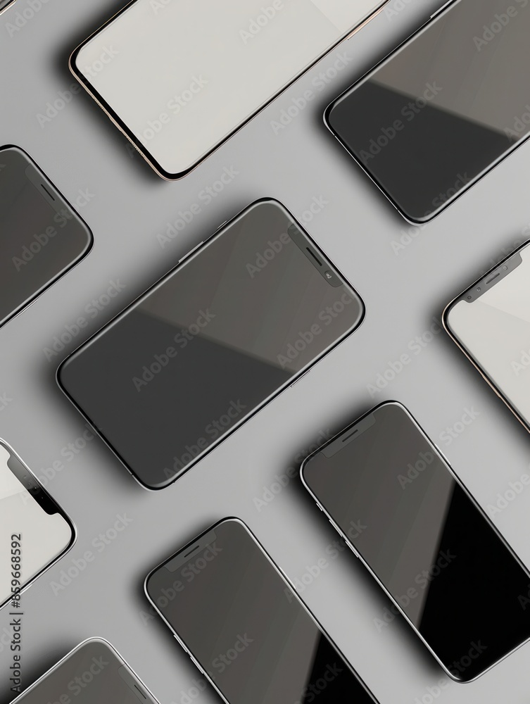 Poster a flat lay showcasing several modern smartphones arranged at different angles on a grey surface. gen