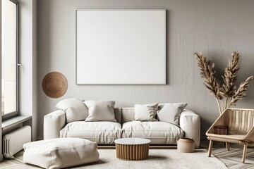 mock up poster frame in modern interior background, living room, Scandinavian style, 3D render, 3D illustration