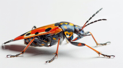 Fototapeta premium A colorful beetle features vibrant red, yellow, and black markings on its shell and body, with detailed legs and antennas visible against a plain background.